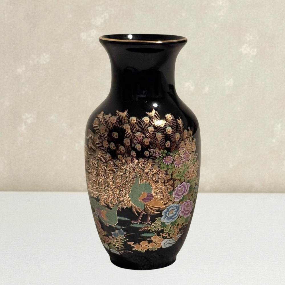 Vintage Japanese Porcelain Peacock Vase Gold Floral Black Hand Painted Japan 5”